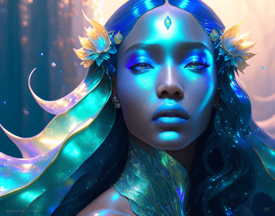 Fantasy female character art: blue skin, golden headpieces, luminescent hair