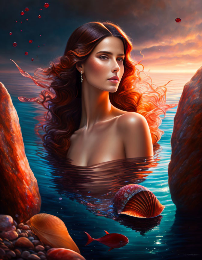 Surreal portrait: Woman with red hair in marine setting with rocks, fish, shells, red