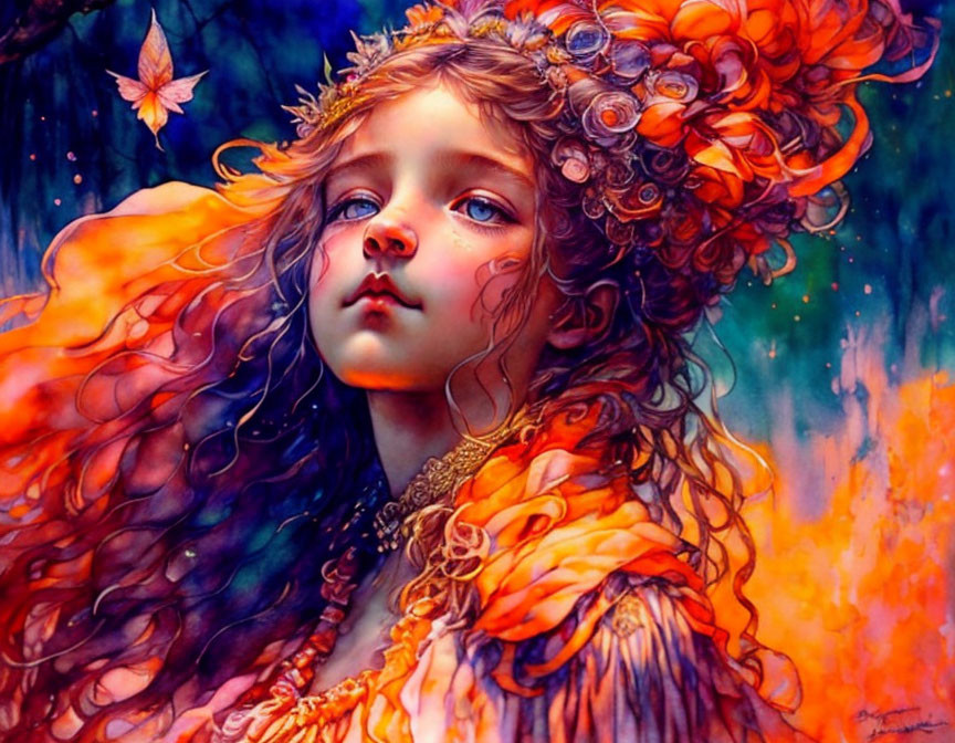 Colorful artwork of a girl with auburn hair and flowers in a dreamy setting