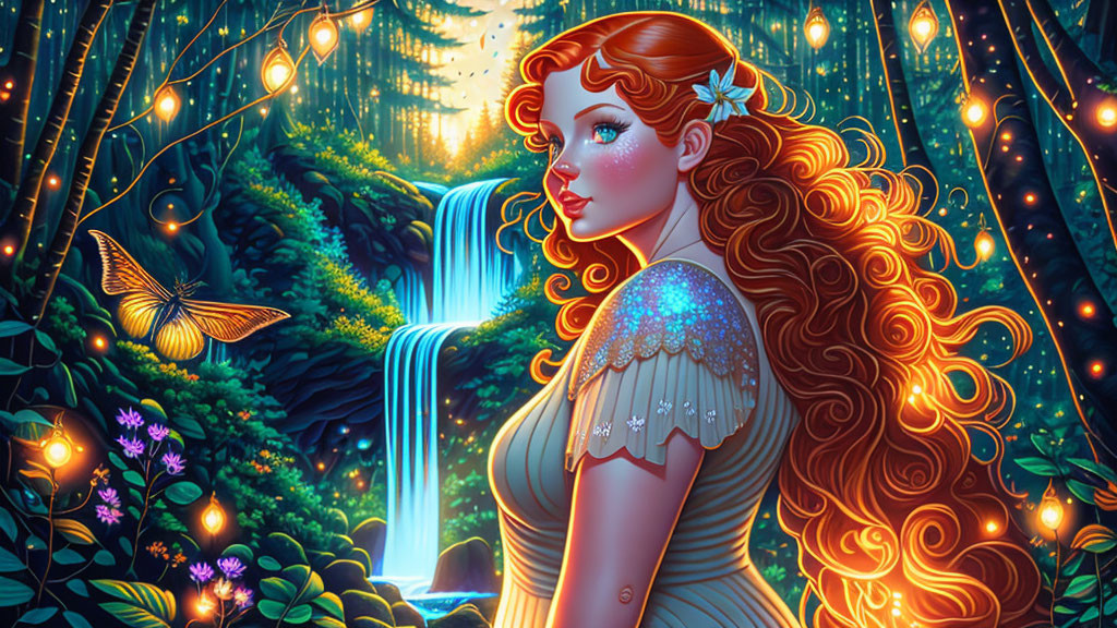 Digital art: Woman with red hair in mystical forest with waterfall, fireflies, butterfly.