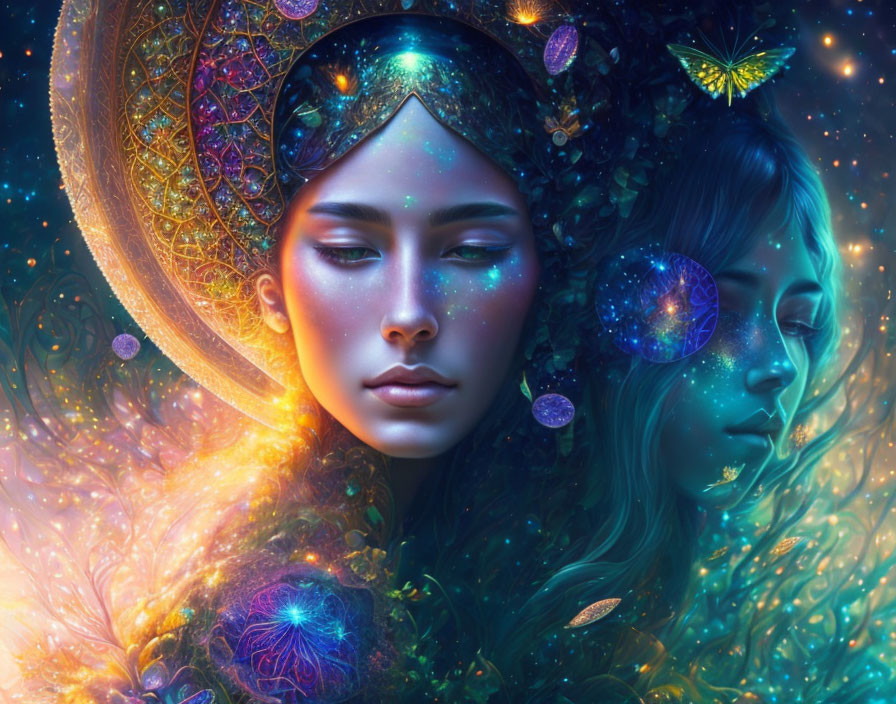 Digital Artwork: Ethereal Women's Faces with Glowing Flora and Butterflies