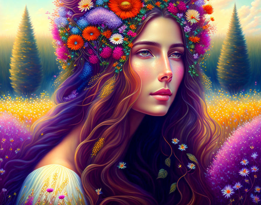 Digital artwork: Woman with flowing hair & floral crown in whimsical forest.