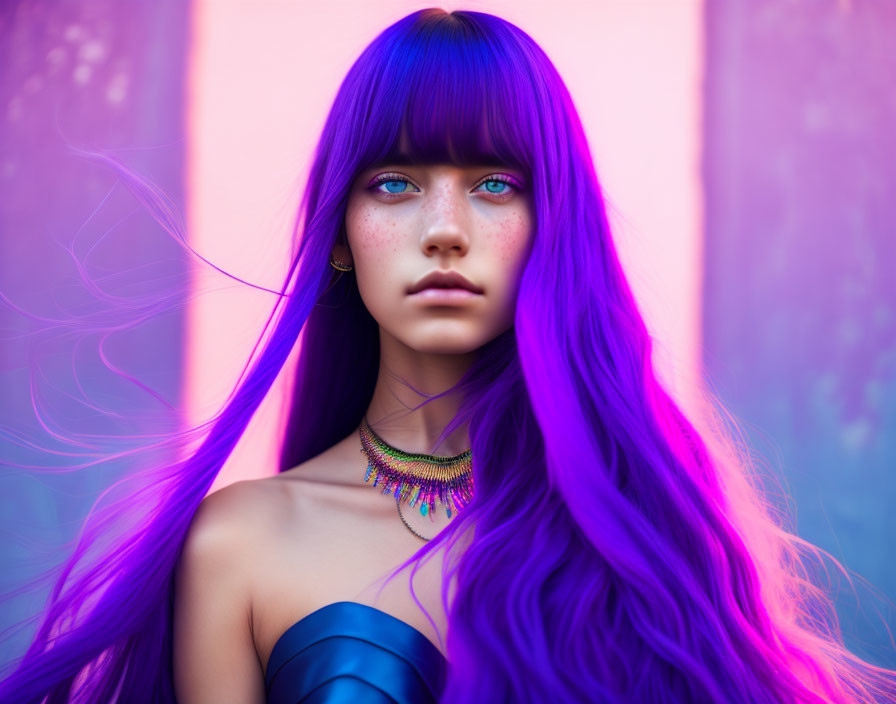 Vibrant Purple Hair and Blue Eyes Woman in Colorful Outfit