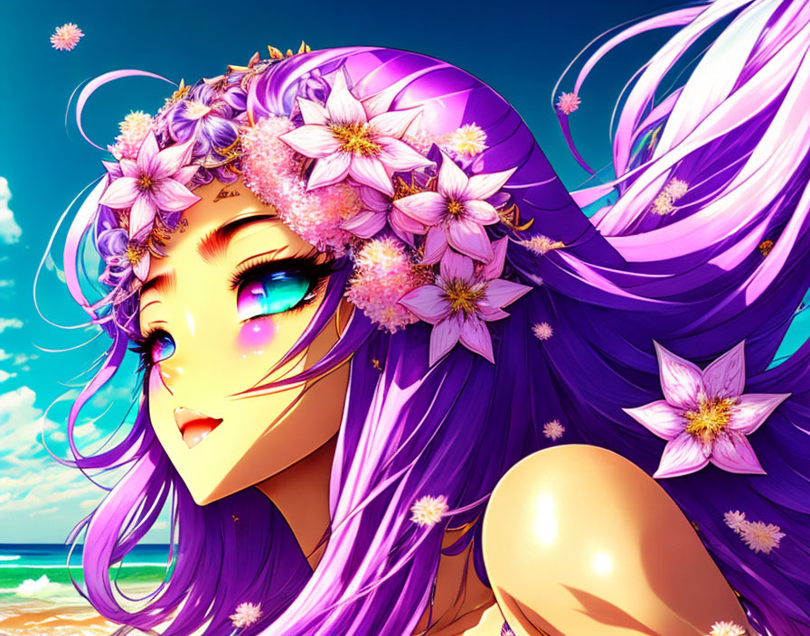 Vibrant purple-haired girl in anime-style against blue sky and beach