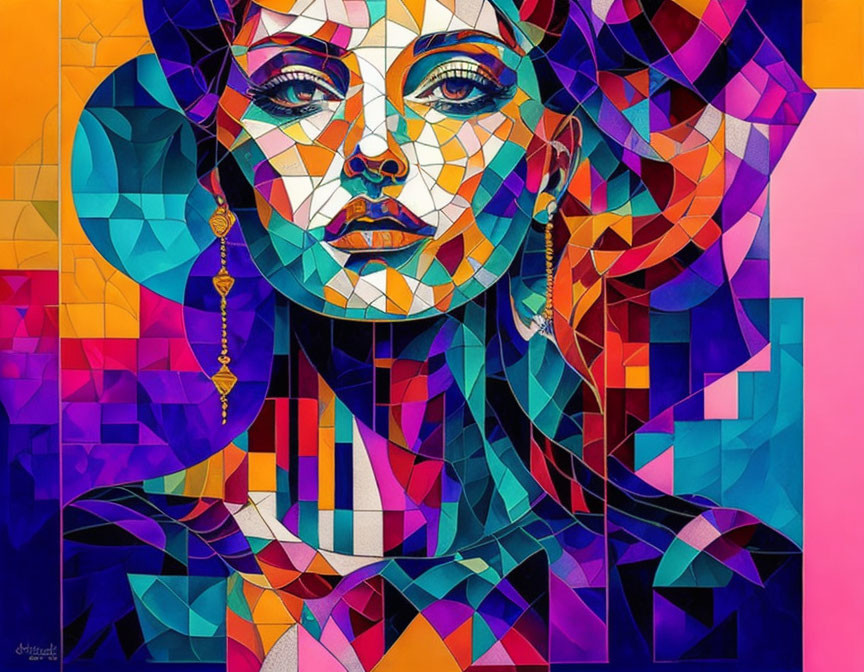 Colorful Cubist-Style Painting of Woman's Face