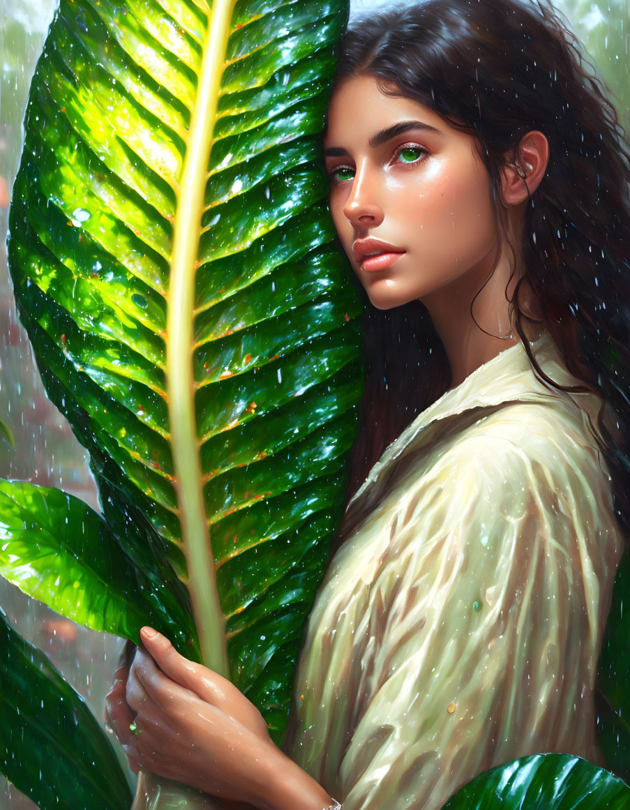 Dark-haired woman holding large green leaf with water droplets and soft light.