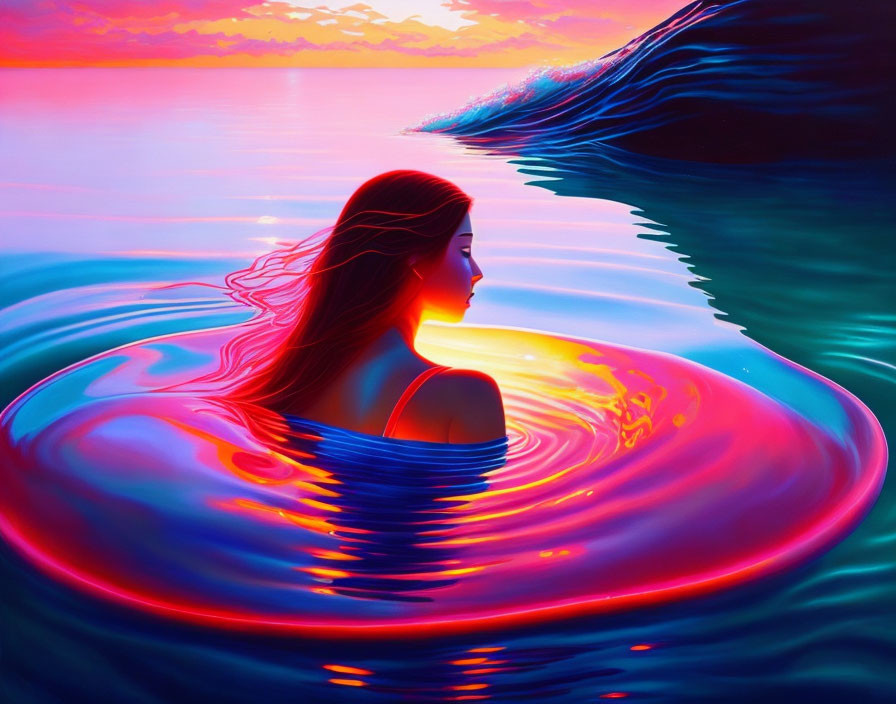 Woman in water creates ripple effects at vibrant sunset with breaking wave nearby