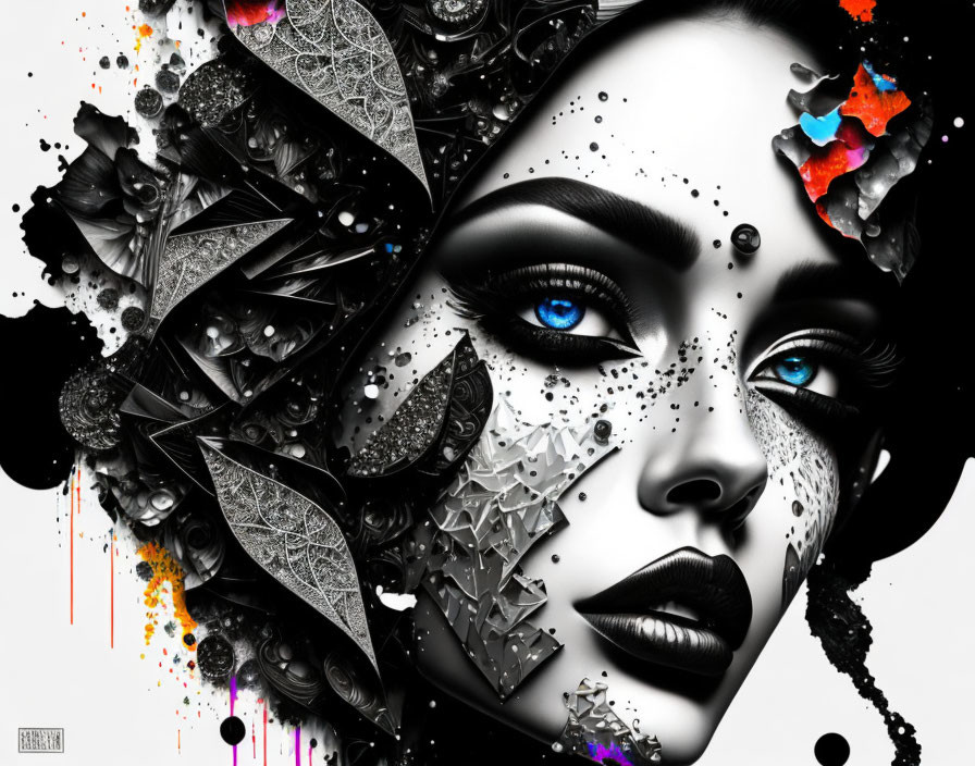 Monochrome digital artwork of a woman with vivid blue eyes