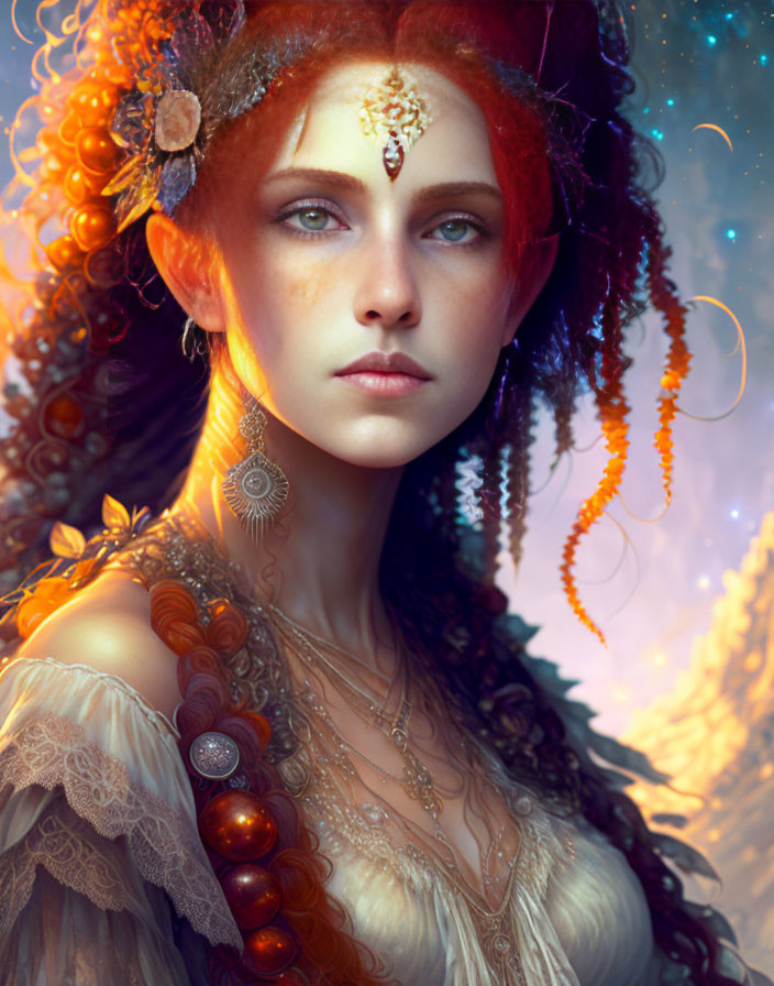 Portrait of a woman with red hair, blue eyes, adorned with autumnal flowers and jewelry in warm