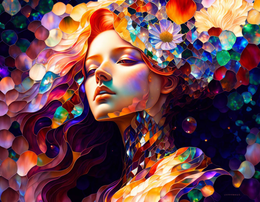 Colorful digital artwork: Woman with flowing hair and flowers