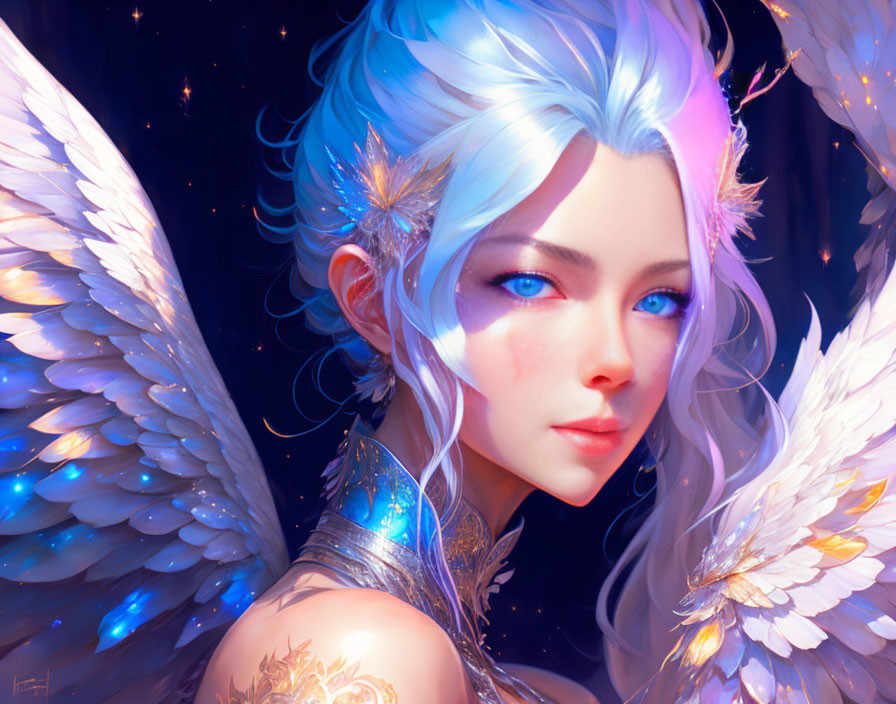 Ethereal being with blue eyes, white wings, and golden hair ornaments