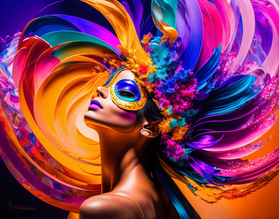 Colorful digital artwork: Woman with golden mask and vibrant feather & flower plume