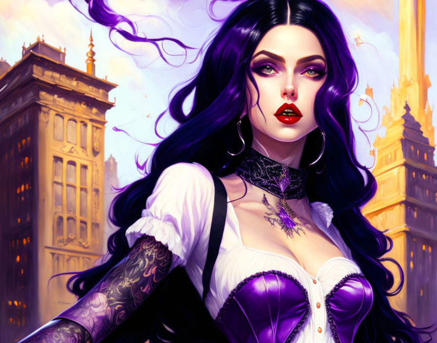 Digital artwork: Woman with purple hair, gothic attire, and tattoos against architectural backdrop