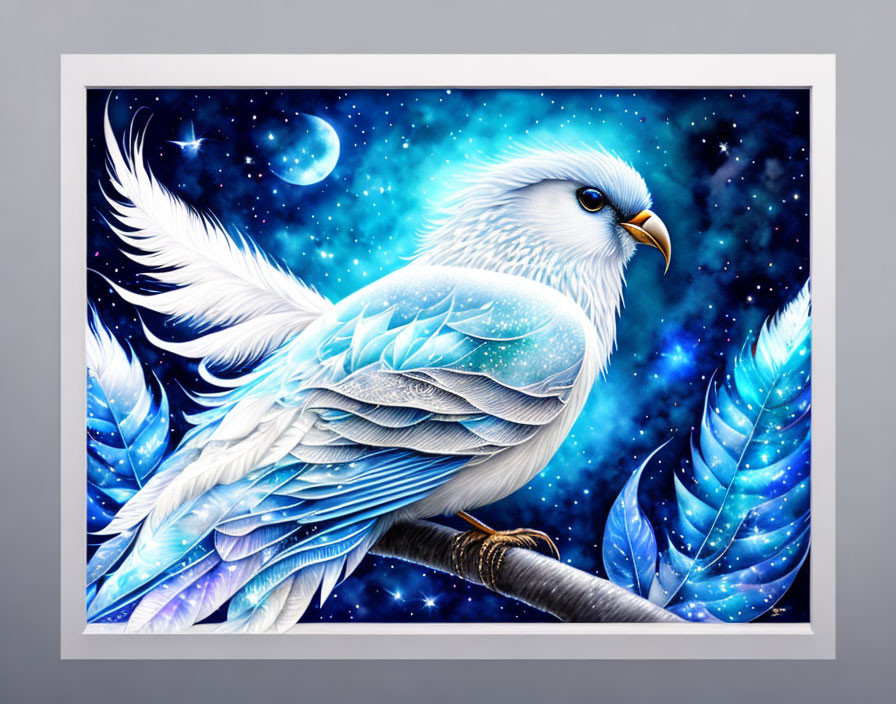 Stylized blue and white bird in cosmic setting