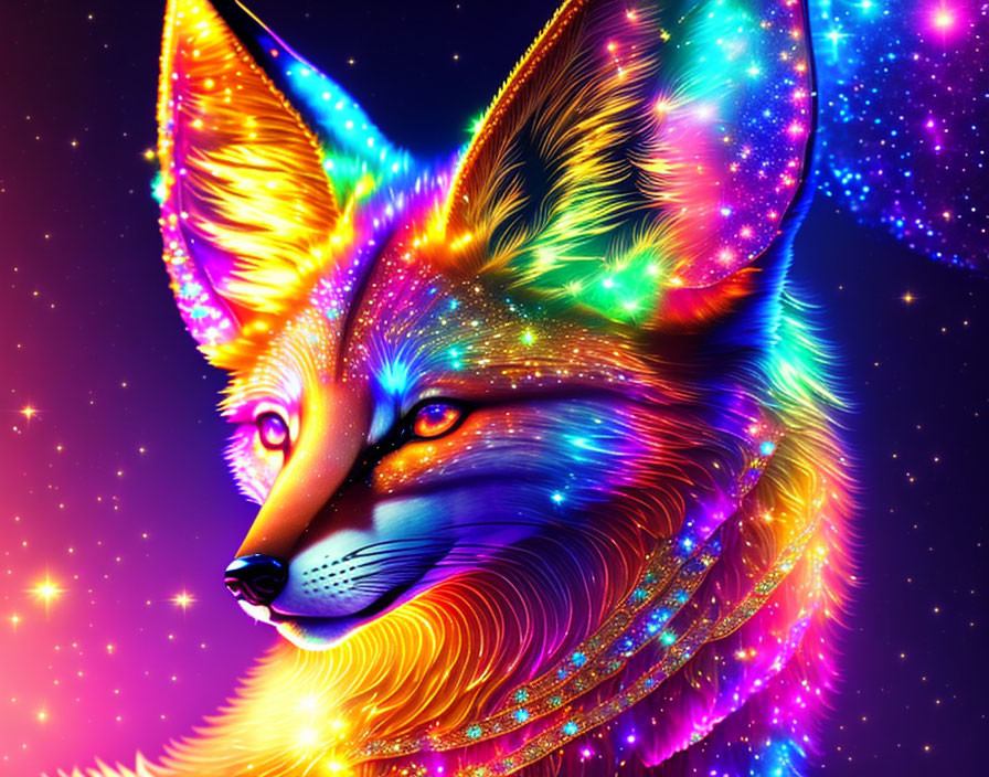 Colorful Neon Fox Artwork Against Cosmic Background