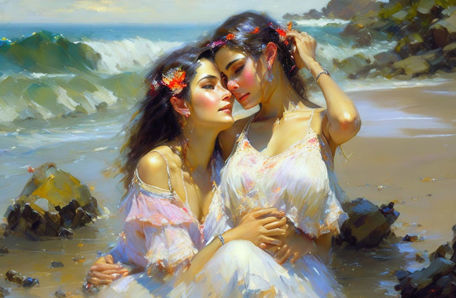 Two women embracing on beach with flower hairpiece adjustment.