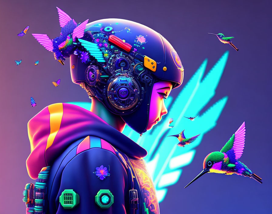 Colorful digital artwork: Person with mechanical head, vibrant hummingbirds, butterflies on purple background