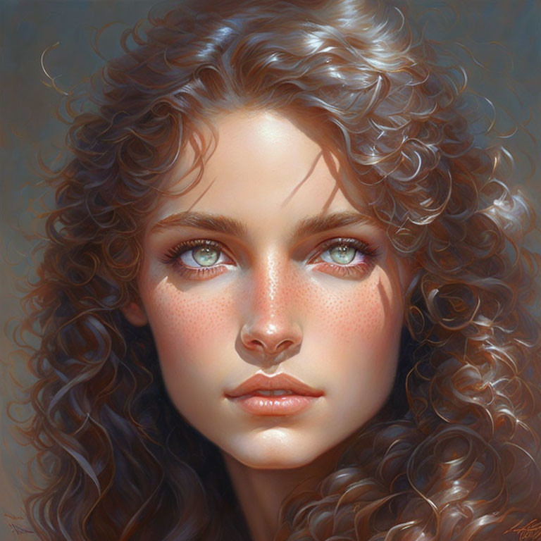 Digital painting: Woman with curly hair, green eyes, freckles, subtle smile