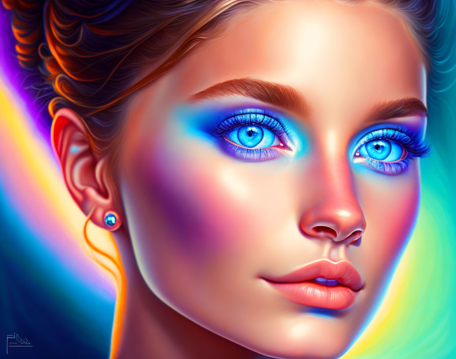 Colorful portrait of a woman with luminescent blue eyes and detailed makeup against warm backdrop