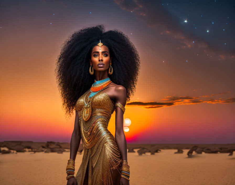 Woman with Voluminous Afro Hair in Golden Attire Against Sunset Sky