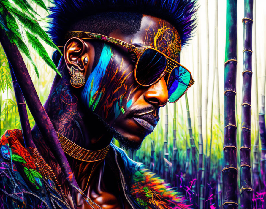 Colorful digital art portrait of a man with sunglasses, vibrant hair, and tattoos against neon bamboo.