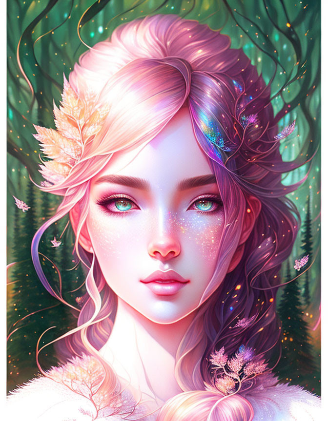 Colorful Sparkling Skin Portrait of Mystical Woman in Luminous Forest