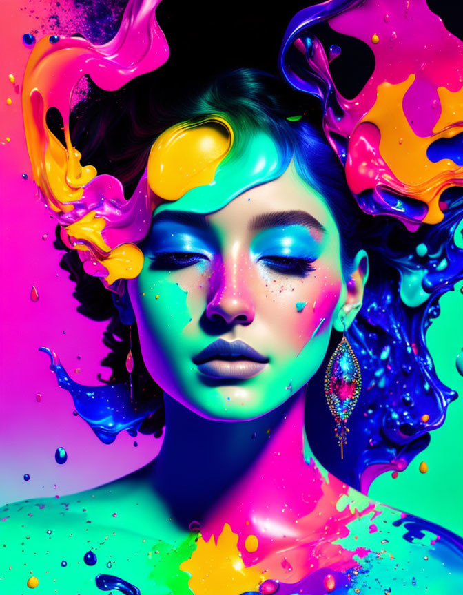 Colorful digital art of woman's face with liquid swirls & vibrant makeup