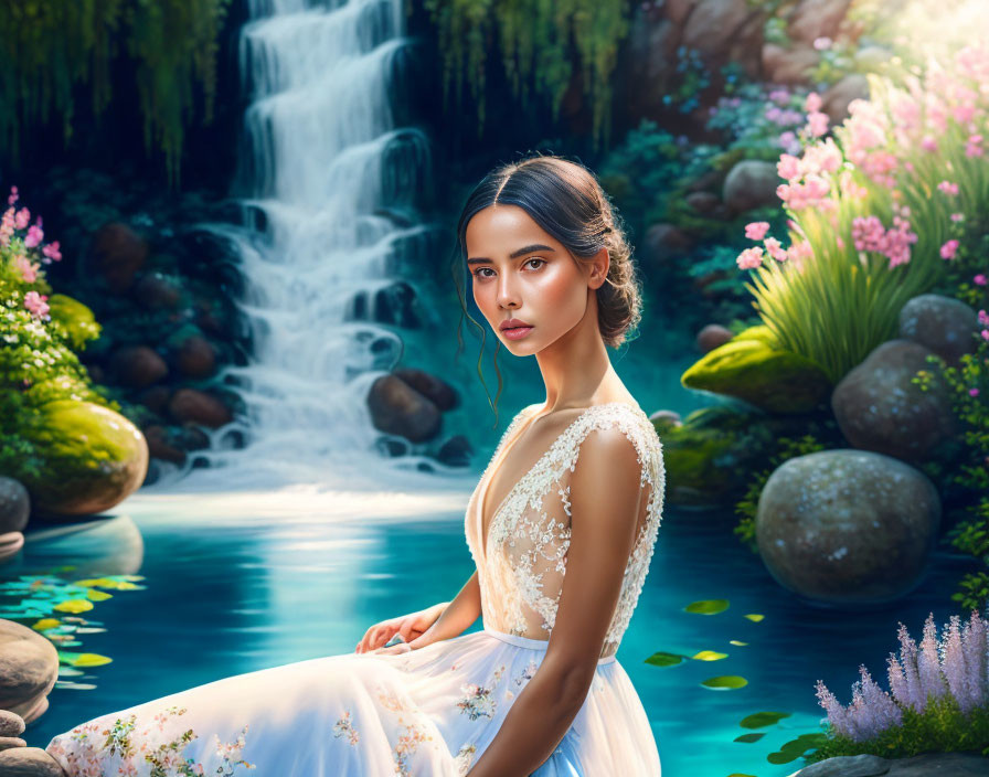 Woman in White Dress by Serene Waterfall in Lush Forest