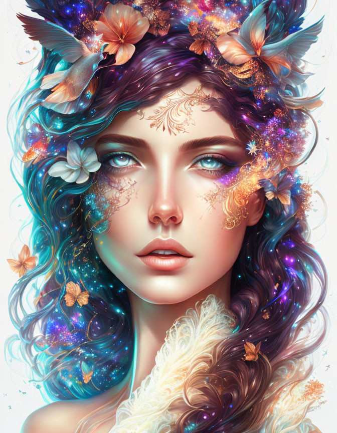 Colorful portrait of a woman with vibrant hair, flowers, butterflies, and golden facial markings