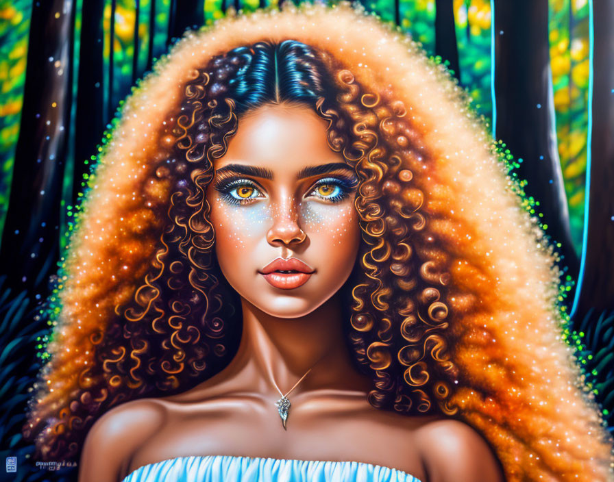 Portrait of woman with curly hair and blue eyes in mystical forest.