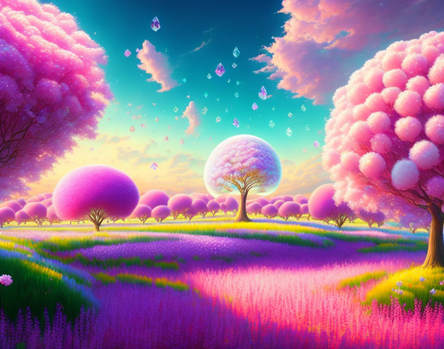 Colorful Whimsical Landscape with Spherical Trees and Lavender Field