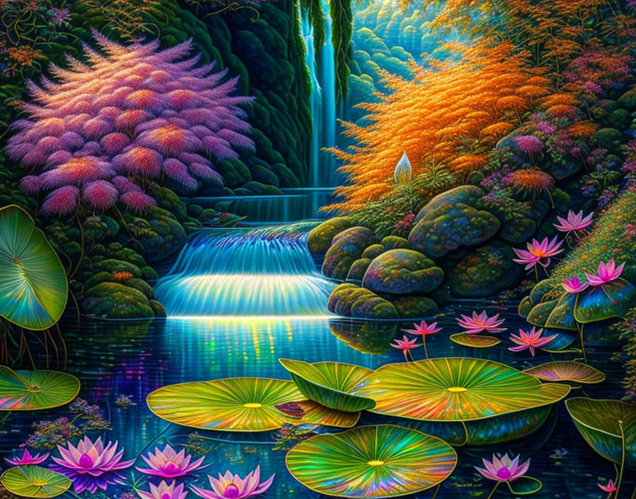 Colorful digital painting of lush waterfall scene with lotus flowers and serene pond.