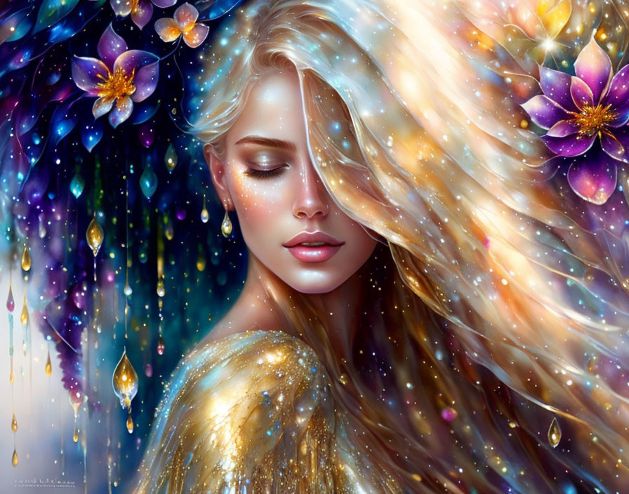 Fantasy illustration: Woman with golden hair, glowing flowers, sparkles.