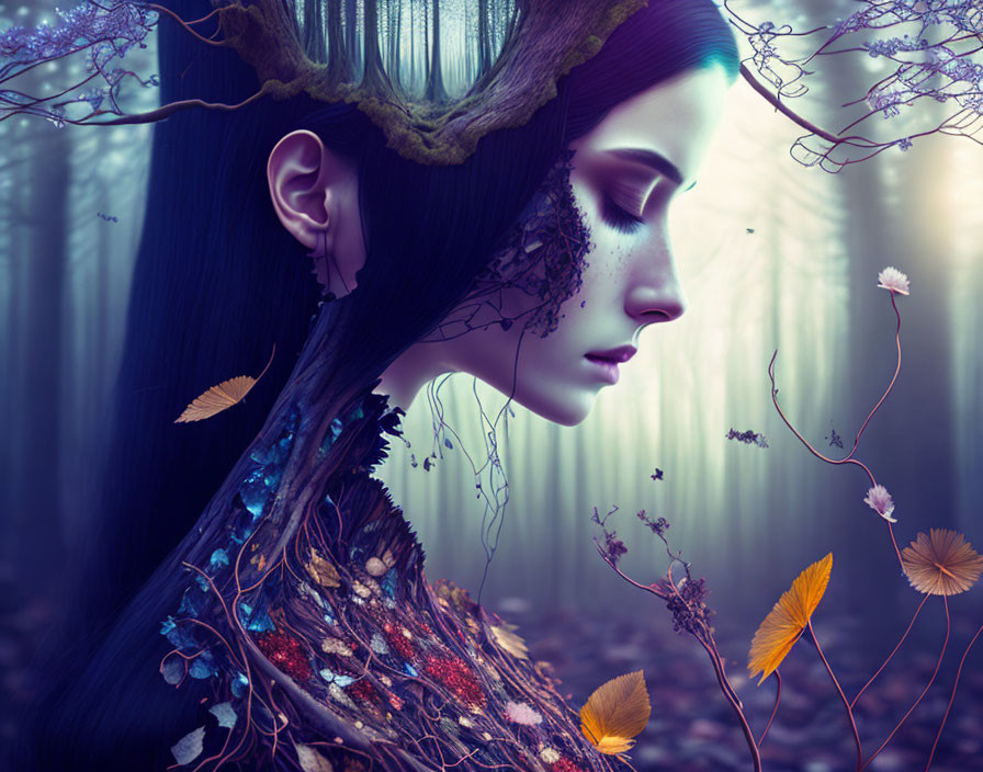 Digital artwork: Woman with nature features in mystical forest