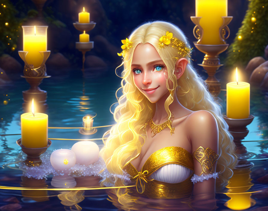 Blonde elf woman with golden accessories in candlelit water scene