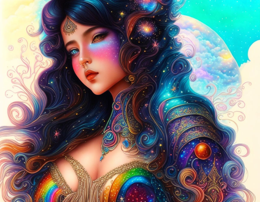 Colorful cosmic-themed woman illustration with vibrant hair and attire.