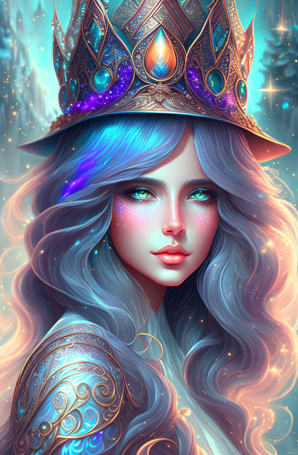 Fantasy queen digital art: blue ombre hair, green eyes, jeweled crown, snowy