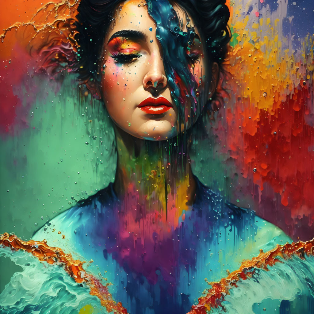 Colorful digital painting of woman with liquid-like streaks on face and shoulders