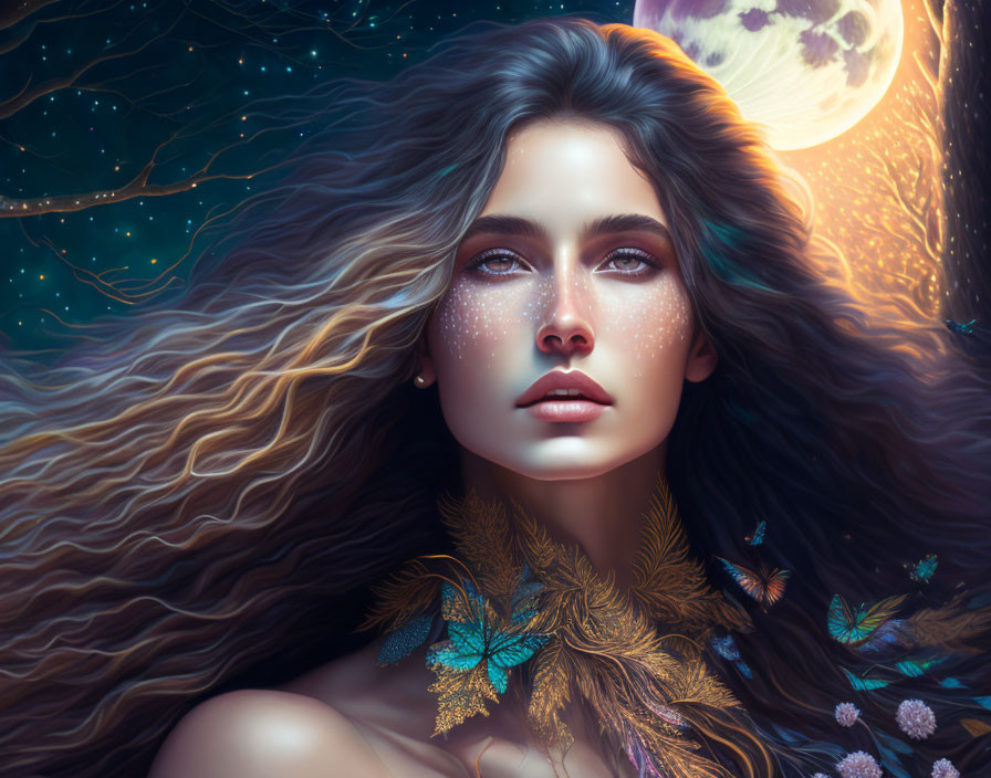 Fantastical portrait: Woman with flowing hair and golden feather collar on starry backdrop