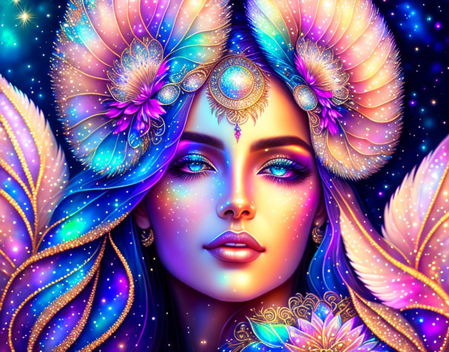 Colorful digital artwork of woman with cosmic makeup and gemstones, surrounded by starry butterfly wings