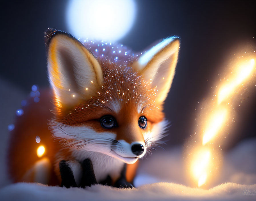 Whimsical fox with glowing fur in snowy moonlit scene