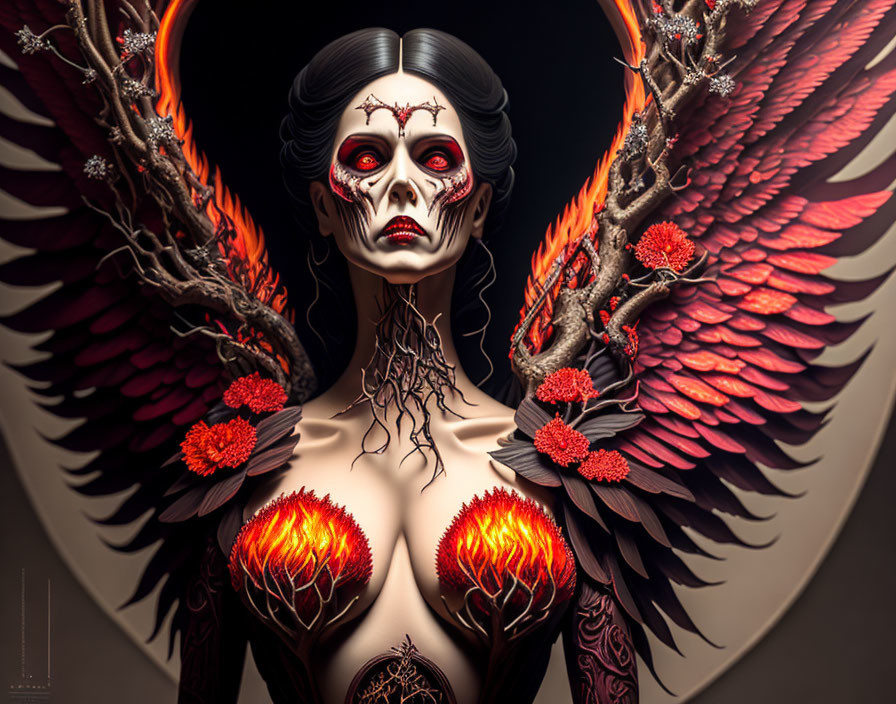 Dark Fantasy Digital Artwork: Red and Black Winged Figure with Fiery Blooms