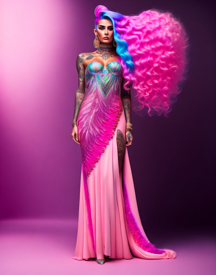 Vibrant blue and pink hair, tattoos, pink and purple gown on purple backdrop