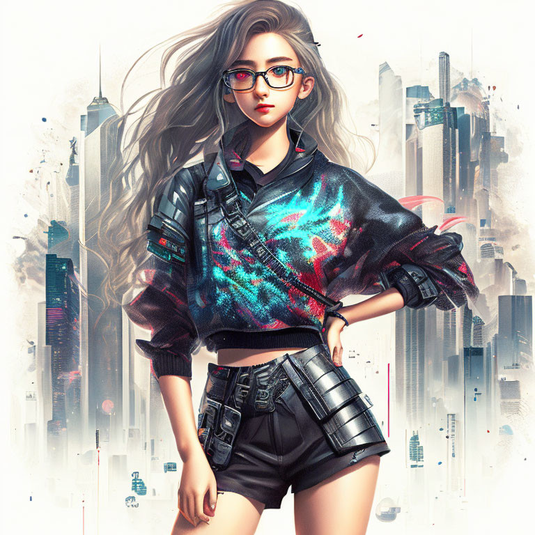 Young woman with long hair and glasses in stylish outfit against futuristic city backdrop