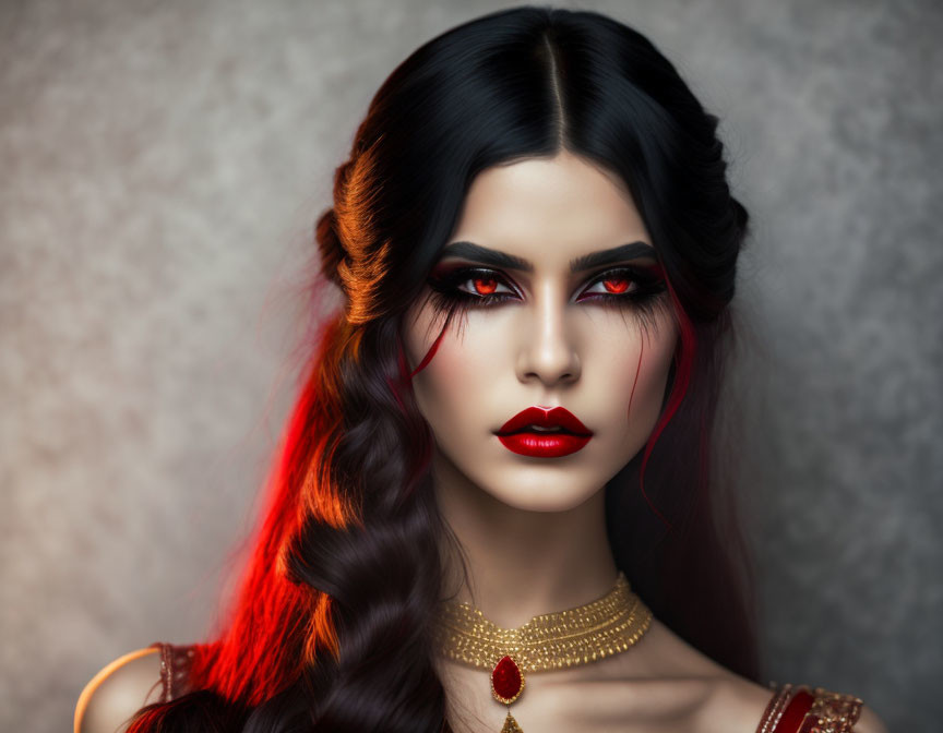 Vibrant red and black hair woman portrait with gold jewelry