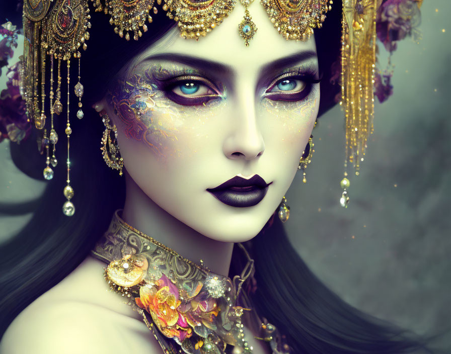 Fantasy digital art: Woman with gold jewelry and dark lipstick