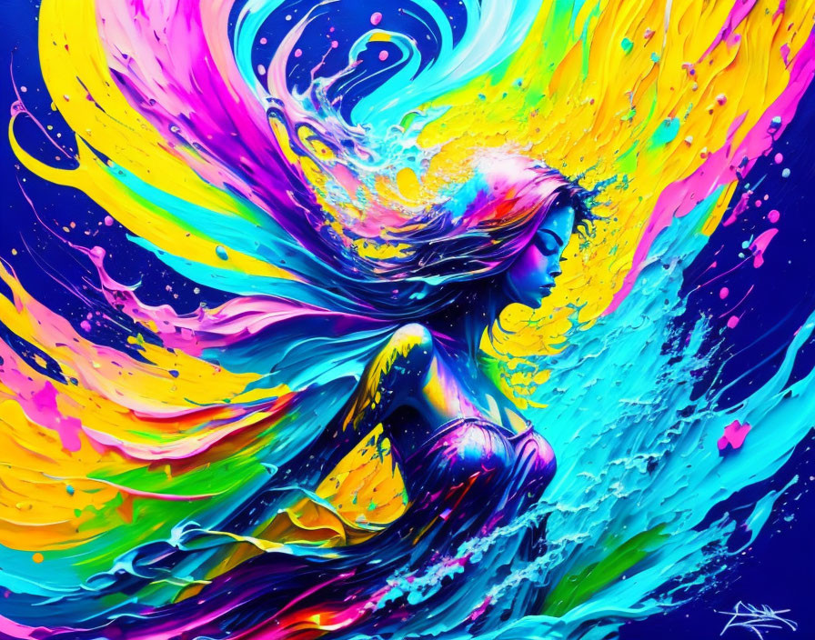 Colorful digital artwork: Woman merging with swirling paint strokes