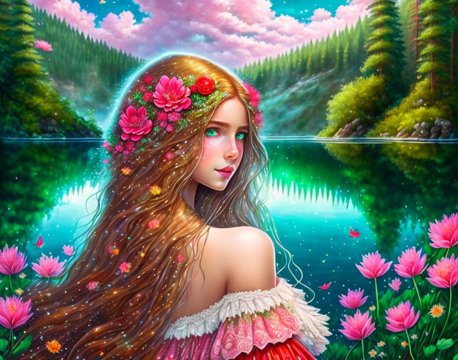 Illustration of woman with flowing hair by serene lake