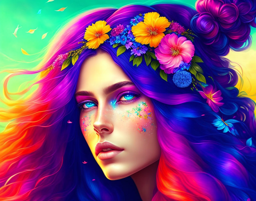 Colorful woman with rainbow hair and floral face paint illustration.