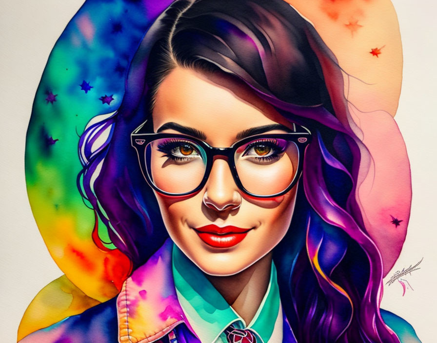 Colorful portrait of woman with glasses in cosmic setting